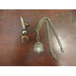 A silver watch chain, a yellow metal fob, a pen-knife and a seal