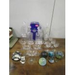A selection of table glass and paperweights to include a boxed Edinburgh crystal decanter, an Isle