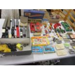 A vintage Hornby Dublo DI island platform in original box, mixed trains and carriages to include