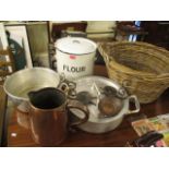 A vintage kitchenware collection of to include an enamelled flour tin and a copper jug