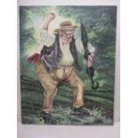 H Atia - a full length portrait of an angry man holding an umbrella and shaking his fist, oil on