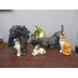 Model animals to include ceramic cats, a puppy and horses heads and a Royal Doulton cat