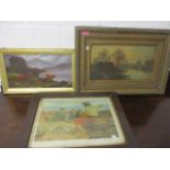Three mixed pictures to include a Victorian oil on panel depicting a house by a lake 17 1/2" x 9"