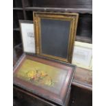 Pictures to include architectural prints, a Victorian still life oil on board and a black board