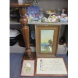 A mahogany torchere, a vintage embroidered picture, a religious print and an early 20th century