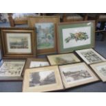 A group of watercolours and prints to include one signed by Thomas depicting a woman and a dog in