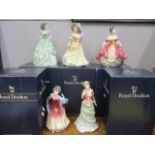 Five boxed Royal Doulton figures to include HN4160 Sally, HN3445 Amy's Sister, HN2229 Southern