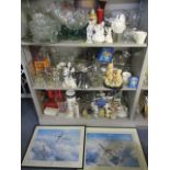 A large mixed lot to include two prints, commemorative glassware, Dartington wine glasses, a