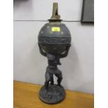 A late 19th century metal converted oil lamp in the form of atlas supporting the world, 22 1/4"h