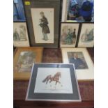 A quantity of pictures to include a Victorian watercolour of a garden scene, a Vanity Fair print and