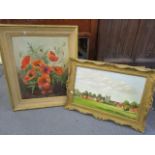 KAH - still life of poppies, oil on canvas, 20" x 16", framed and Hambledon Village, an unsigned oil
