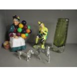 A Whitefriars encased bubble optic vase in green, a Royal Doulton figurine The Old Balloon Seller