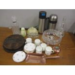 A mixed lot to include a Victorian wooden cake icing stand, copperware, a sugar castor and other