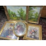 Two oil paintings depicting lake scenes, together with three prints