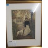 Manuel Robbe (1872-1936) -a framed and glazed coloured aquatint depicting a woman with her dog,