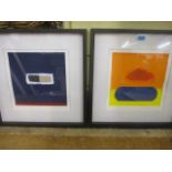 Two limited edition abstract pictures in painted blue wooden frames, indistinctly signed