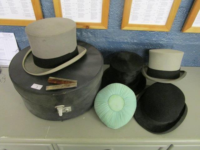 A C A Dunn top hat and a bowler hat, a Locke & Co grey top hat, a Selfridges grey top hat in hat