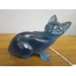 Claude Lhoste for Daum, a blue pate sur verre glass model of a couching cat, engraved signature '