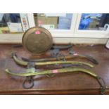 Two pairs of Victorian horse's haines and a 19th century copper warming pan with turned wooden