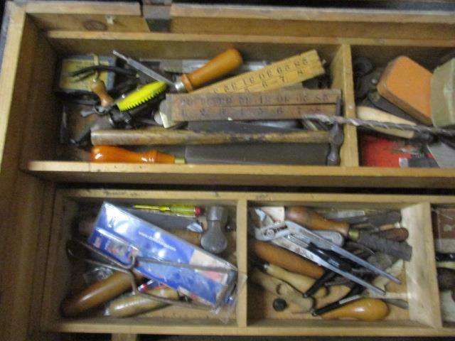 A pine tool chest containing a large selection of tools to include wood working planes, drill - Image 2 of 5