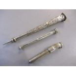 Three Morden & Co silver retractable pencils, one embossed with figures and scrolls, one with engine