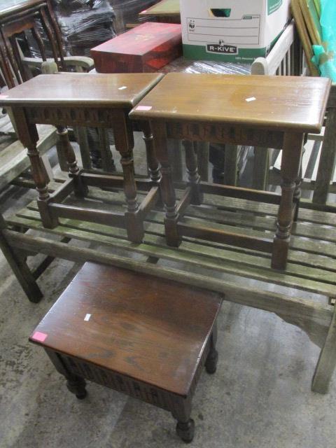 A pair of reproduction oak side tables, together with a similar stool