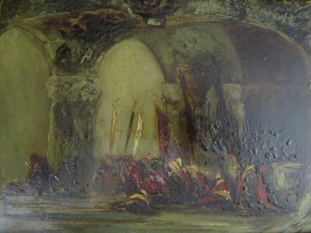 Impressionist oriental scene - figures seated under an arched roof, oil on artist board, 5 6/8" x - Image 2 of 3