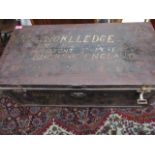 A black painted metal trunk with a brass lock, inscribed Col Worlledge, Chalfont St Peter