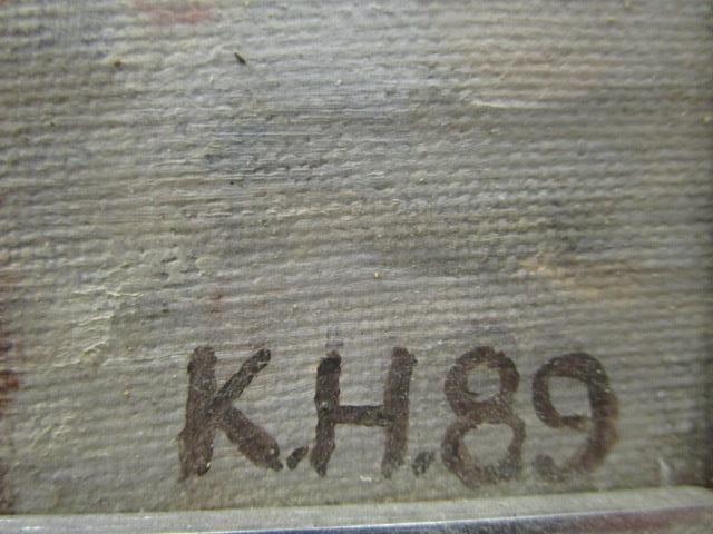 K H 89 - an Industrial scene with coal barges and funnel chimneys, oil on canvas, artist monogram - Image 3 of 4