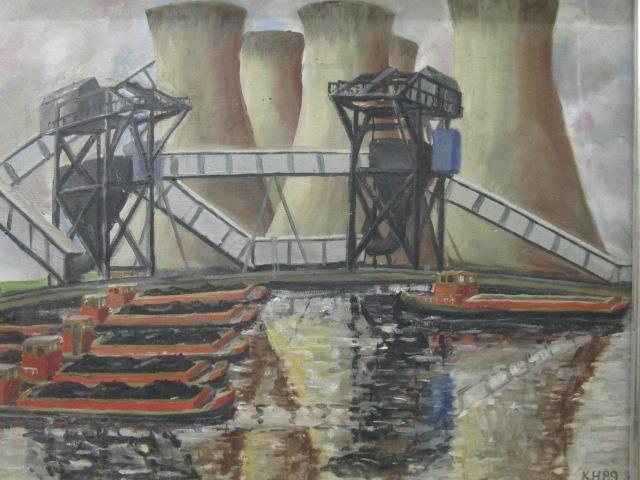 K H 89 - an Industrial scene with coal barges and funnel chimneys, oil on canvas, artist monogram
