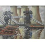 K H 89 - an Industrial scene with coal barges and funnel chimneys, oil on canvas, artist monogram