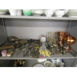 A selection of metalware and other items to include silver backed dressing table brushes, an Art