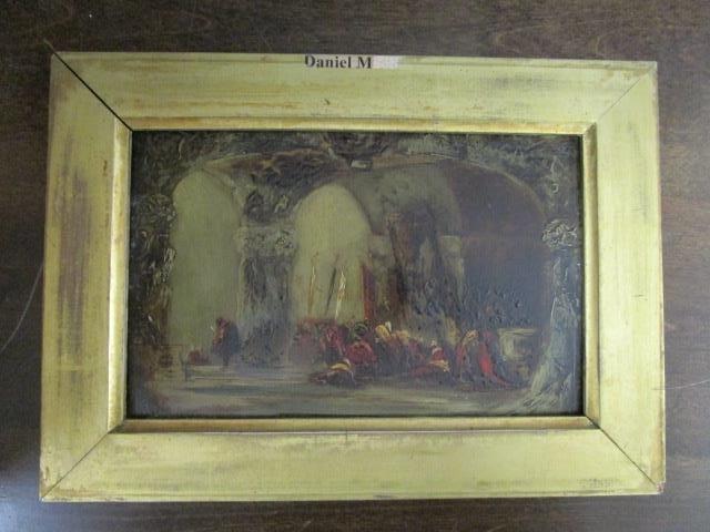 Impressionist oriental scene - figures seated under an arched roof, oil on artist board, 5 6/8" x