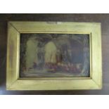 Impressionist oriental scene - figures seated under an arched roof, oil on artist board, 5 6/8" x