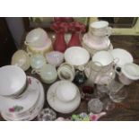 A vintage pearlised part tea and coffee set, a Royal Stuart part teaset, mixed vintage glass,