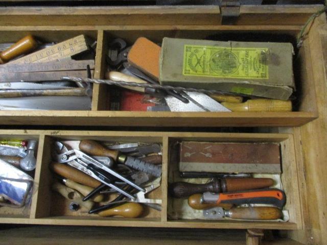 A pine tool chest containing a large selection of tools to include wood working planes, drill - Image 3 of 5