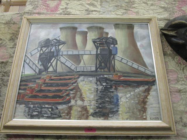 K H 89 - an Industrial scene with coal barges and funnel chimneys, oil on canvas, artist monogram - Image 2 of 4