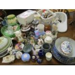 Mixed ceramics, glass and ornaments to include a Wedgwood Peter Rabbit mug and pictorial plates,