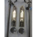 A pair of modern gothic style wall mirrors 16" x 3", a fleur de lys metal curtain pole, 70"long