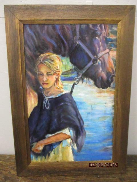 A study of a woman by a horse, oil on card, framed