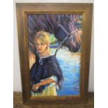 A study of a woman by a horse, oil on card, framed