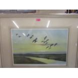 Peter Scott - Morning Flight Over The Marsh Pink Feet, print, 21" x 13 1/2", signed lower right