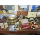 A mixed lot to include a Victorian brass desk bell and a Youngs fishing reel and flies