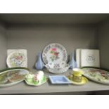 A pair of Weatherly Royal Falcon hunting scene plates, a Wedgwood blue Jasperware dish and a pair of