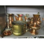 Mixed copper and brassware to include Arts & Crafts jugs