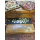 A Victorian mahogany writing slope, two early 20th century glove boxes painted with flora and two