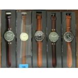 A group of five Eagle Moss gents wristwatches, boxed, to include a 1940s copy of a Japanese pilots