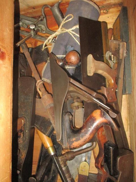 A pine tool chest containing a large selection of tools to include wood working planes, drill - Image 5 of 5