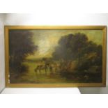 Victorian School - a river scene with children crossing in a horse and cart, oil on canvas, signed