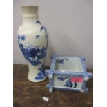 A 19th century Japanese blue and white brush pot A/F and a Chinese 19th century baluster vase A/F